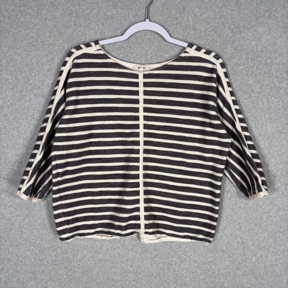 Madewell Striped Sweatshirt Small Gray Cream Back Zip Oversized Cropped Preppy